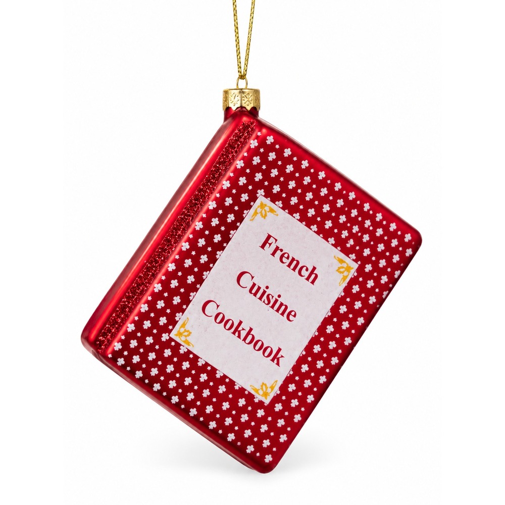 French Cuisine Cookbook Glass Christmas Ornament Red Glitter Book